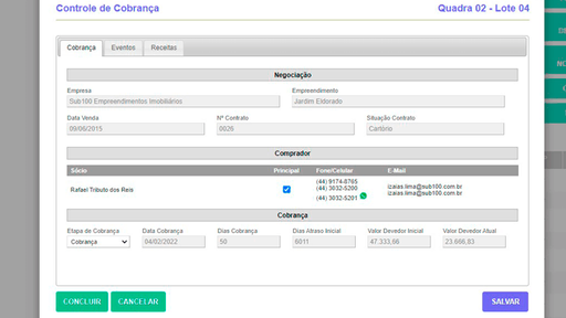 Tela: Controle de cobrança