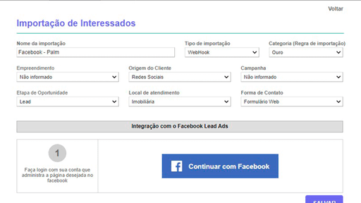 Tela: Integração de leads