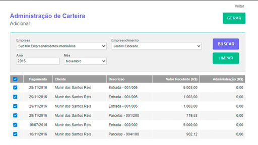 Tela: Administração de Carteira