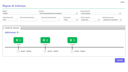 Tela: Régua de cobrança