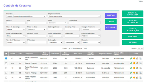 Tela: Controle de cobrança