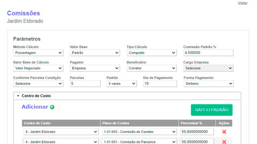 Tela: Gestão de comissões