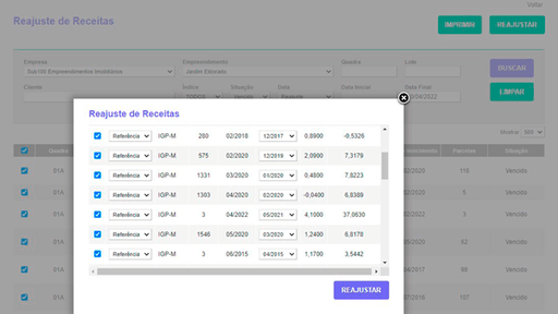 Tela: Reajuste de Receitas