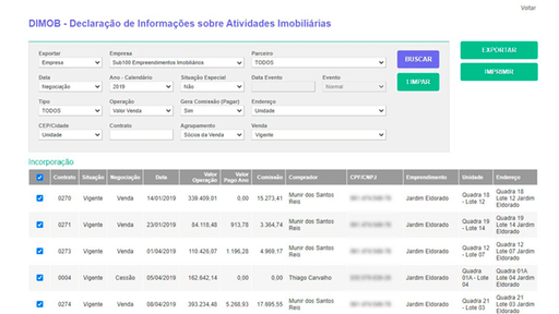 Tela: Integração DIMOB