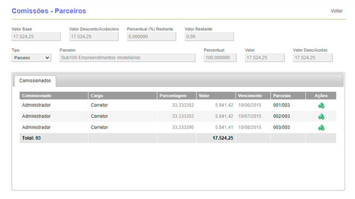 Tela: Gestão de comissões