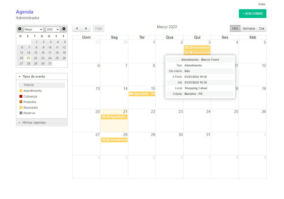 Tela: Agendamento de contatos Tela: Agendamento de contatos