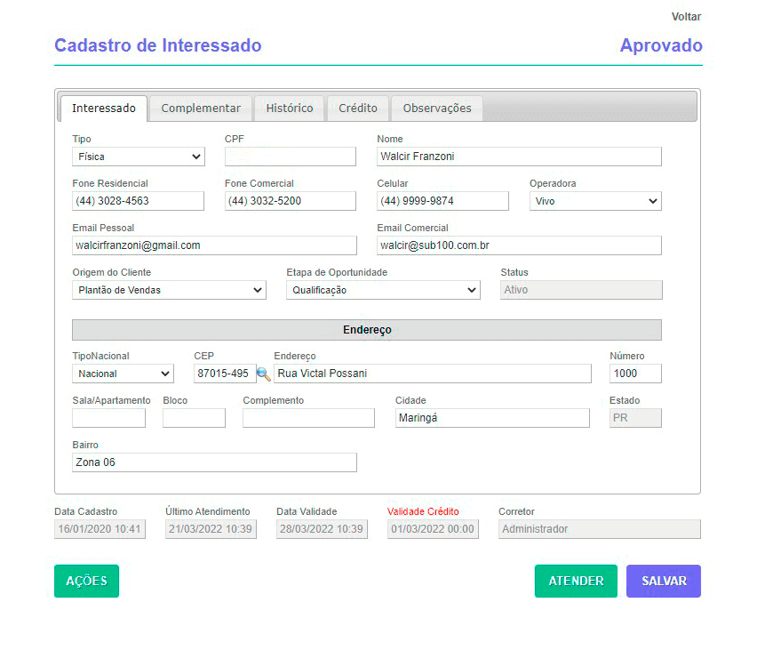 Tela: Cadastro de interessados Tela: Cadastro de interessados