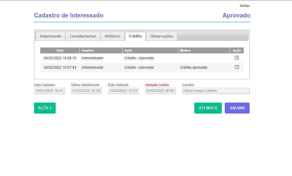 Tela: Aprovação de crédito Tela: Aprovação de crédito