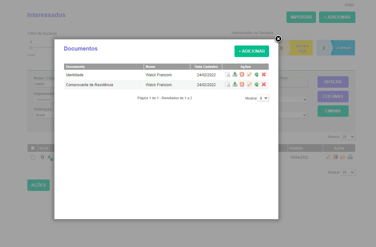 Tela: Gestão de documentos Tela: Gestão de documentos