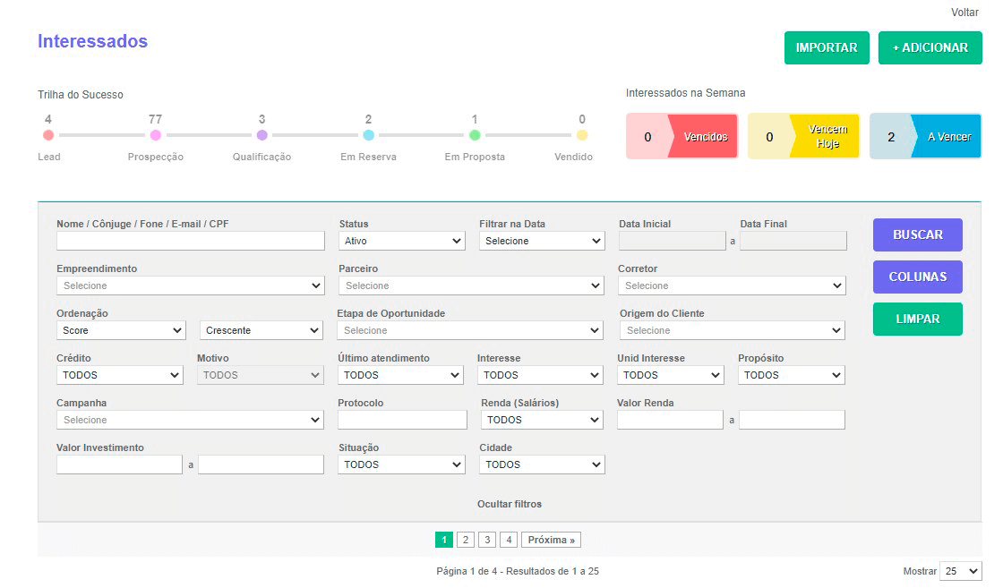 Tela: Funil de vendas Tela: Funil de vendas