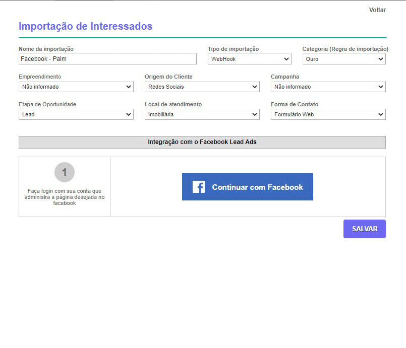 Tela: Integração de leads Tela: Integração de leads