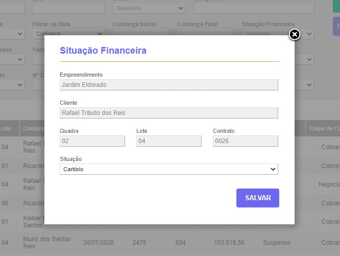 Tela: Controle de cobrança