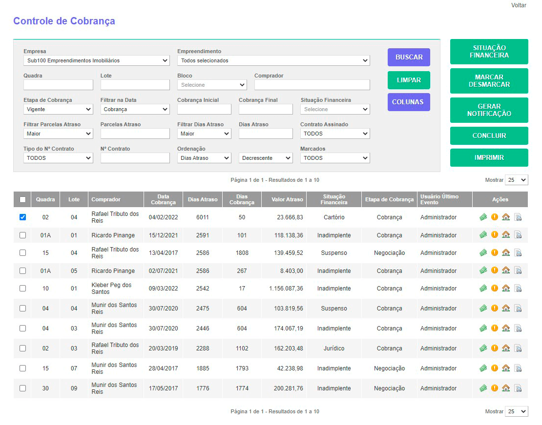 Tela: Controle de cobrança