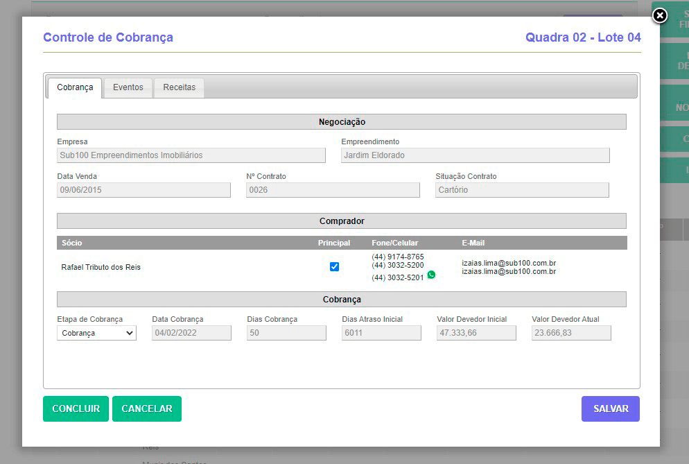 Tela: Controle de cobrança