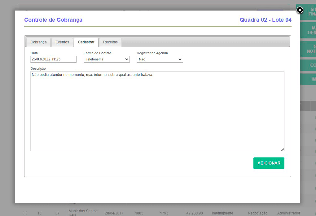 Tela: Controle de cobrança