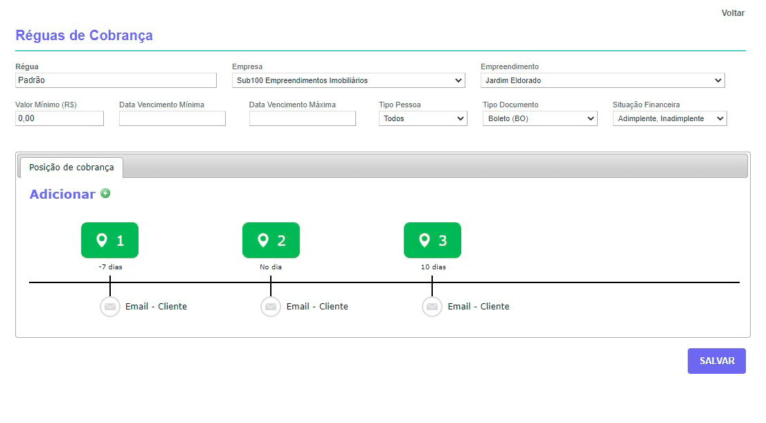 Tela: Régua de cobrança