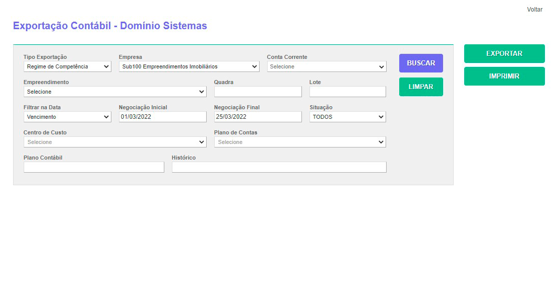 Tela: Integração Contábil