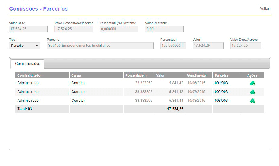 Tela: Gestão de comissões