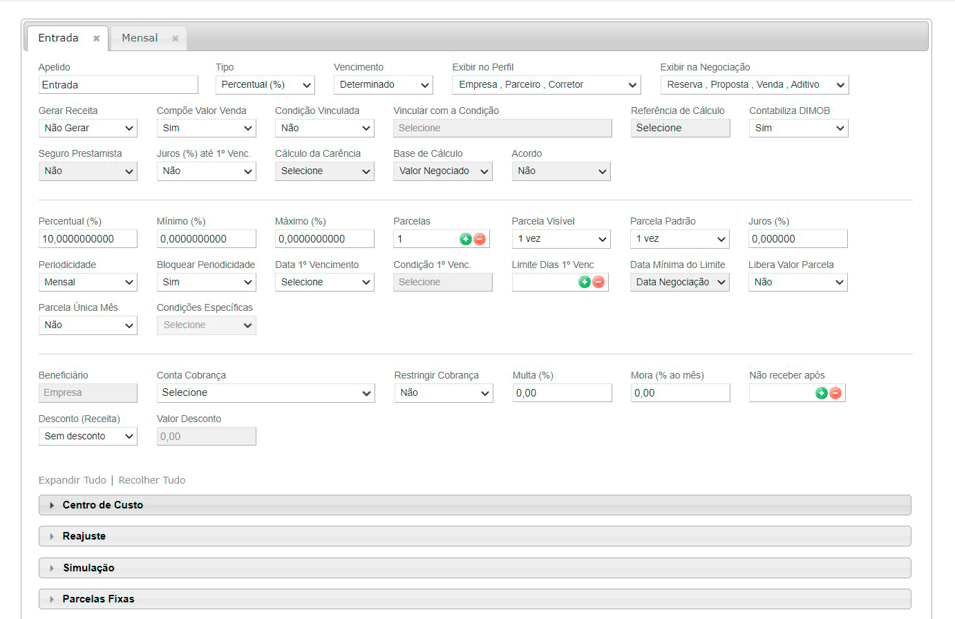 Tela: Tabela de preço