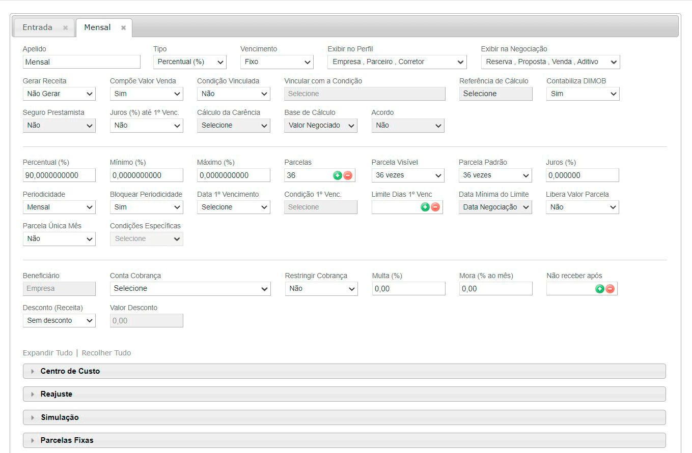 Tela: Tabela de preço